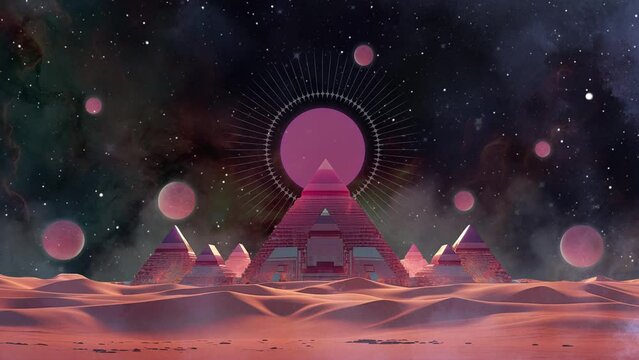 A slow push across a cosmic egyptian inspired alien landscape with animated fog, stars and spheres floating in the distance.