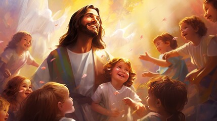 Illustration of Jesus and Little Children - obrazy, fototapety, plakaty