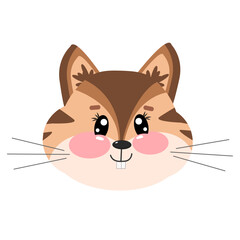 Kawaii lovely, smiling, cute chipmunk face or head for kids, children isolated on white background