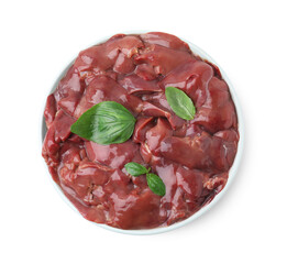 Plate of raw chicken liver with basil isolated on white, top view