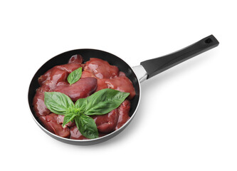Raw chicken liver with basil in frying pan isolated on white