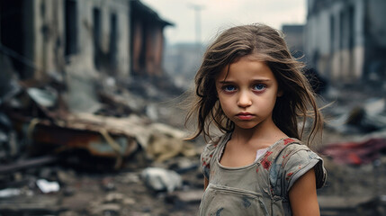Portrait of a little girl against the backdrop of a bombed city