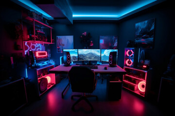 Gaming room with hardware and equipment colored in red and blue light generative ai