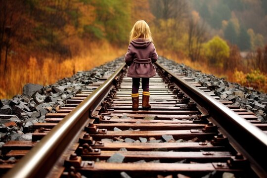 A toddler girl walking on train tracks photography
