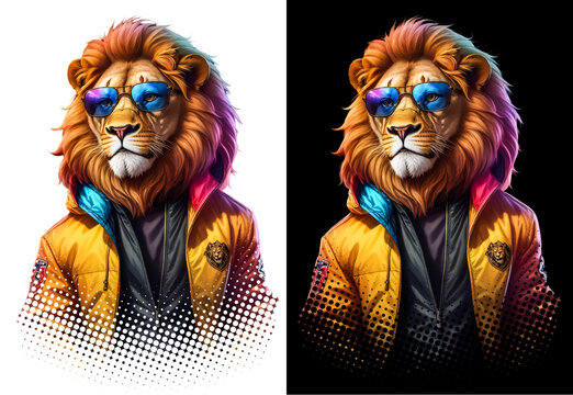 T shirt Design of Lion wearing a yellow jacket and sunglasses, slogan t shirt design, DTF print Design