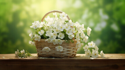Obraz na płótnie Canvas White flowers in wooden basket on green spring background