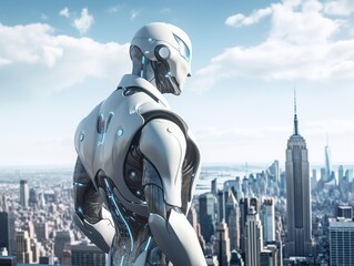 Futuristic 3D humanoid robot with new you york city on background - obrazy, fototapety, plakaty