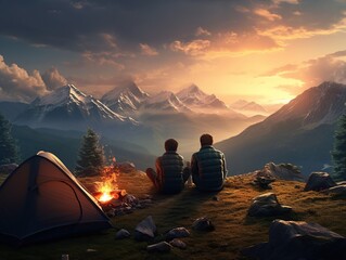 Two people camping outdoors, sitting next to a tent, a campfire burning beside them, rolling mountains and forests in the distance - obrazy, fototapety, plakaty