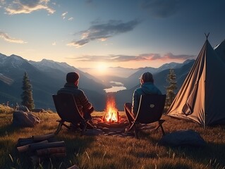 Two people camping outdoors sitting next to a tent, a campfire burning beside them, rolling mountains and forests in the distance - obrazy, fototapety, plakaty