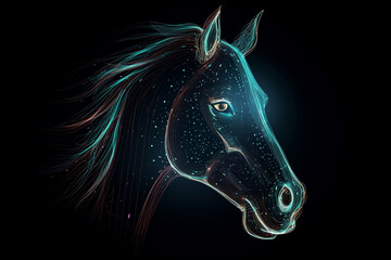 Obraz na płótnie Canvas Head of abstract horse with lighted lines and glittering surface generative ai