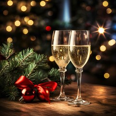 Two glasses of champagne on a background of Christmas tree branches with a red ribbon and bokeh lights. Happy New Year. 