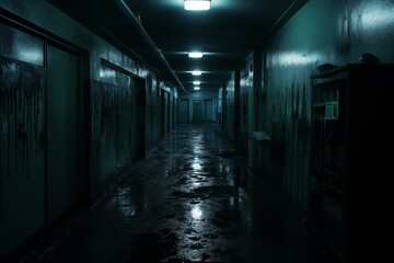 Spooky medical hallway with dim lighting and a sinister ambiance. Generative AI
