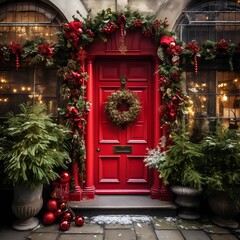 Red front door with Christmas decorations. Happy New Year. 