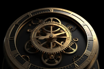 Fototapeta na wymiar Golden black old clock close up at front view on dark background generative ai