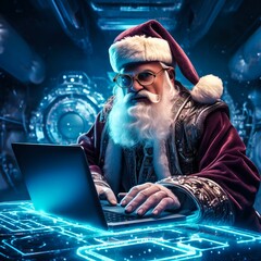 Portrait of Santa Claus with laptop against futuristic background. Christmas and New Year concept.  - obrazy, fototapety, plakaty