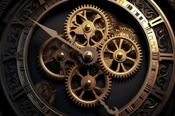 Fototapeta premium Golden black old clock close up at front view on dark background generative ai