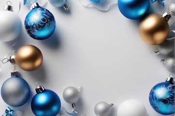 Christmas background. Blue, Gold and White Christmas toys. Space for text. White background. Generative AI illustration