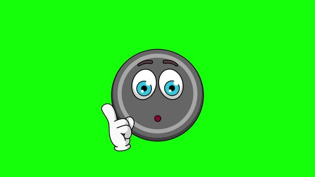 Animation of hockey puck cartoon with a shushing face, finger over pursed lips

