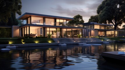 Fototapeta na wymiar 3d rendering of modern house by the river at evening, house, luxury, villa, modern, architecture, building, exterior, residential, property, designer