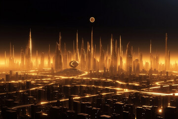Golden illuminated futuristic metropolis on the planet in distant space generative ai