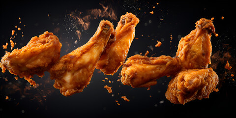 Crispy roasted chicken nuggets Falling of fried chicken isolated on black background. AI Generative - obrazy, fototapety, plakaty