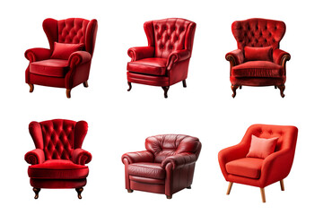 Comfortable red armchair collection isolated on a transparent background. Interior element