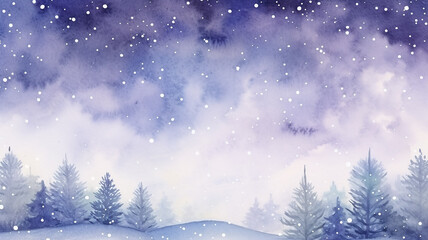 watercolor landscape winter, snow, snowfall view with copy space, empty banner, postcard for the new year