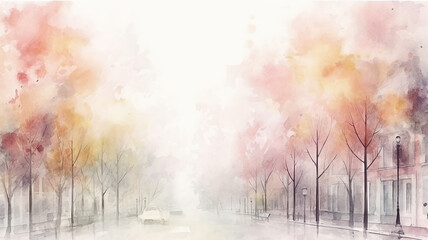 watercolor drawing autumn city park landscape on a white background in light autumn yellow tones, abstract view
