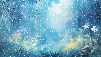 Fototapeta na wymiar raindrops on the window pane tropical rain in the jungle, watercolor drawing background light white and green