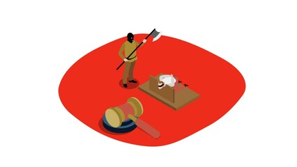 Medieval punishment. Executioner beheading guilty man with axe