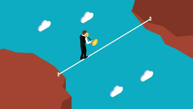 businessman walking through the abyss on the rope