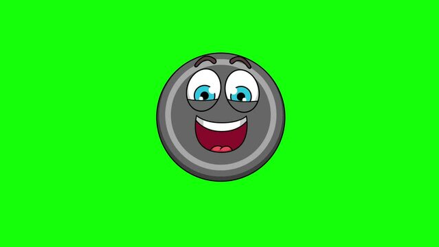 A laugh hockey puck cartoon face on a green background, loop animation
