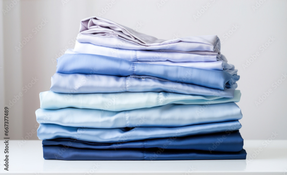 Poster folded clothes in stacks of various simple blue placed on a table on a light background
