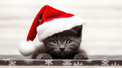 Black kitten on Santa Clause hat on white background