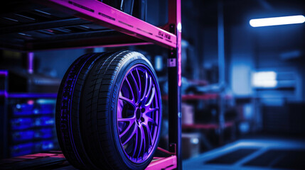 A new tire is placed on the tire storage rack in the car workshop. Purple colors. - obrazy, fototapety, plakaty