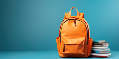 School orange backpack with books isolated on blue background - obrazy, fototapety, plakaty