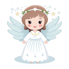 Angel girl with wings, Christmas flat design illustration, isolated