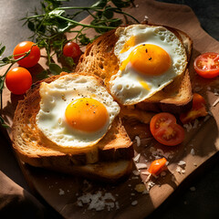 Two Eggs on Toast with Tomatoes on a Cutting Board