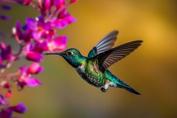 Fototapeta premium Hummingbird at flight with colorful iridescent plumage and blurred generative ai