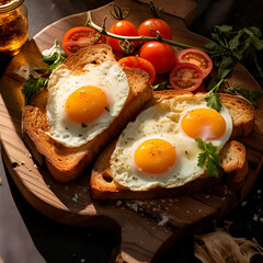 Two Eggs on Toast with Tomatoes on a Cutting Board