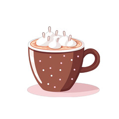 Cup of hot cocoa or chocolate, with marshmallows. Flat icon design, transparent background PNG