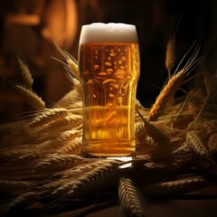 a beer glass sits on top of the grain and wheat 