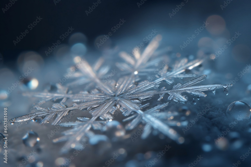 Poster icy snowflake macro and bokeh background generative ai