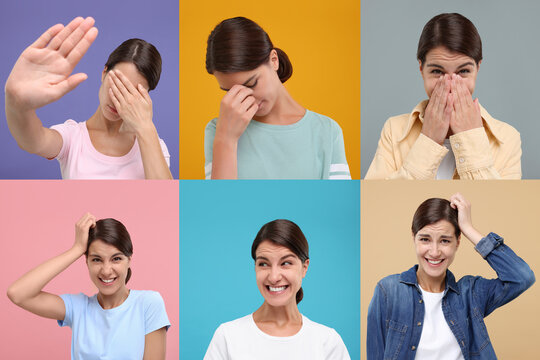 Collage with photos of embarrassed woman on different color backgrounds