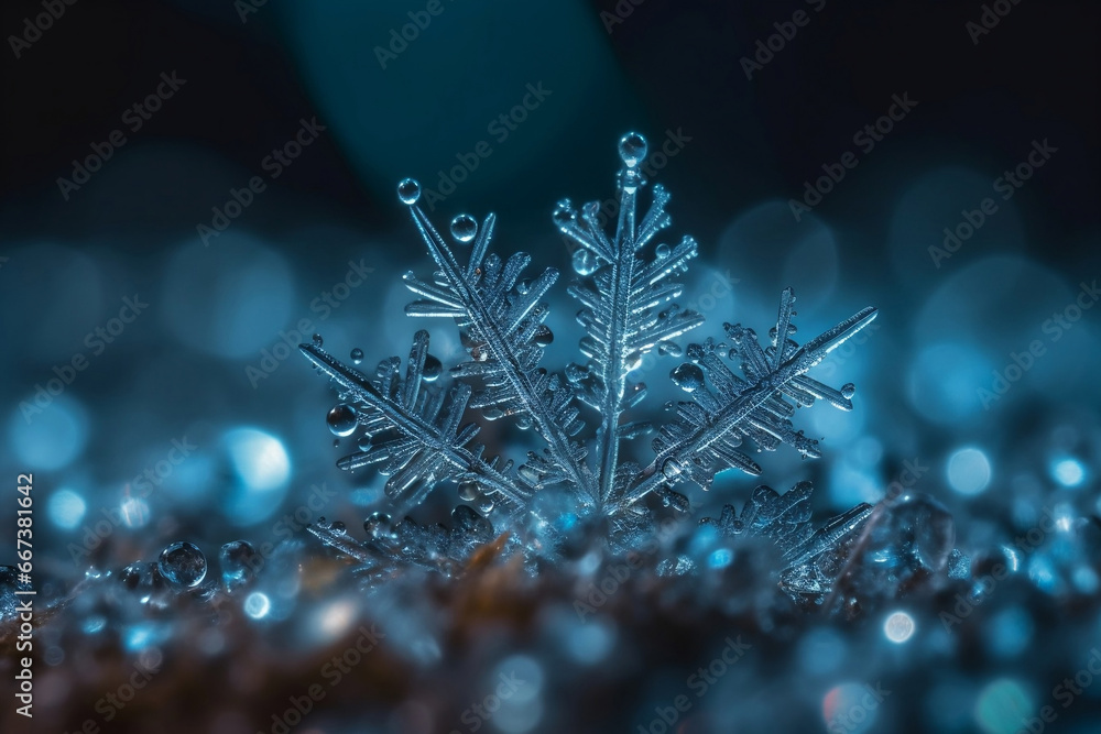 Poster icy snowflake macro and bokeh background generative ai