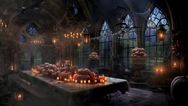 Dining room with a Halloween theme, seamless looping video background animation, cartoon anime style