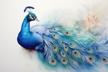 Adorable pastel illustration: Peacock portrait for kids room, clean design on white backdrop.