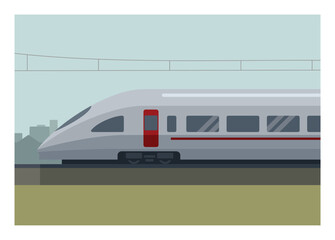 High speed train with city building silhouette background. Simple flat illustration.