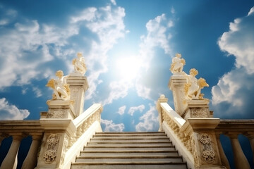 Obraz premium Illuminated baroque stairway leading to heaven with sky on background generative ai