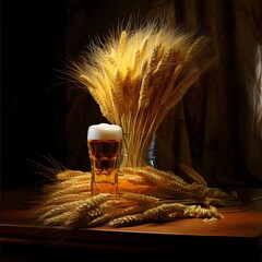 beer and wheat in glass on the table